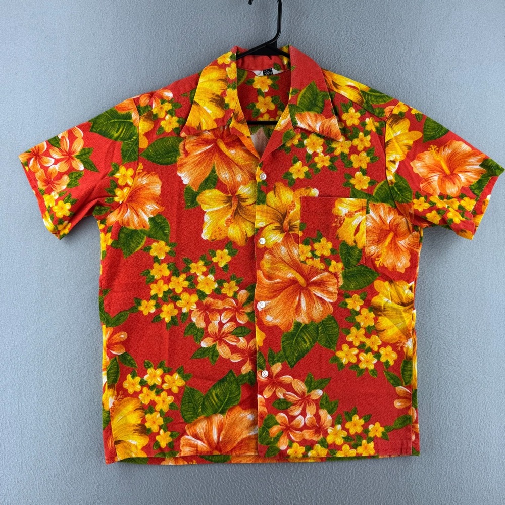 Vintage 60s Hawaiian Shirt Mens L Lauhala Aloha Loop Collar Cotton Bark Cloth